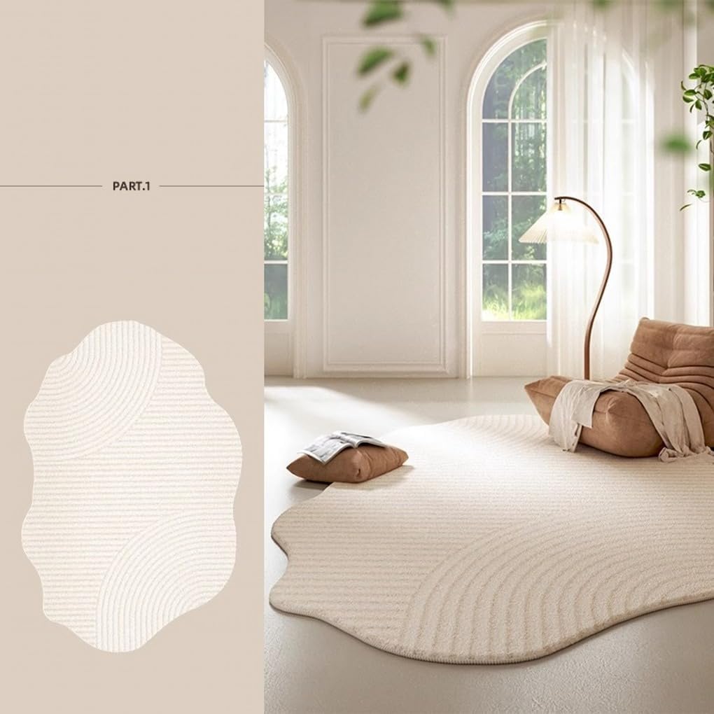 Minimalist Luxury Irregular Shaped Area Rug Cream White Curved Striped Texture Indoor Rugs 10x16 for Livingroom Bedroom Diningroom Nursery Dorm Guestroom Modern Neutral Washable Non Slip Soft Carpet