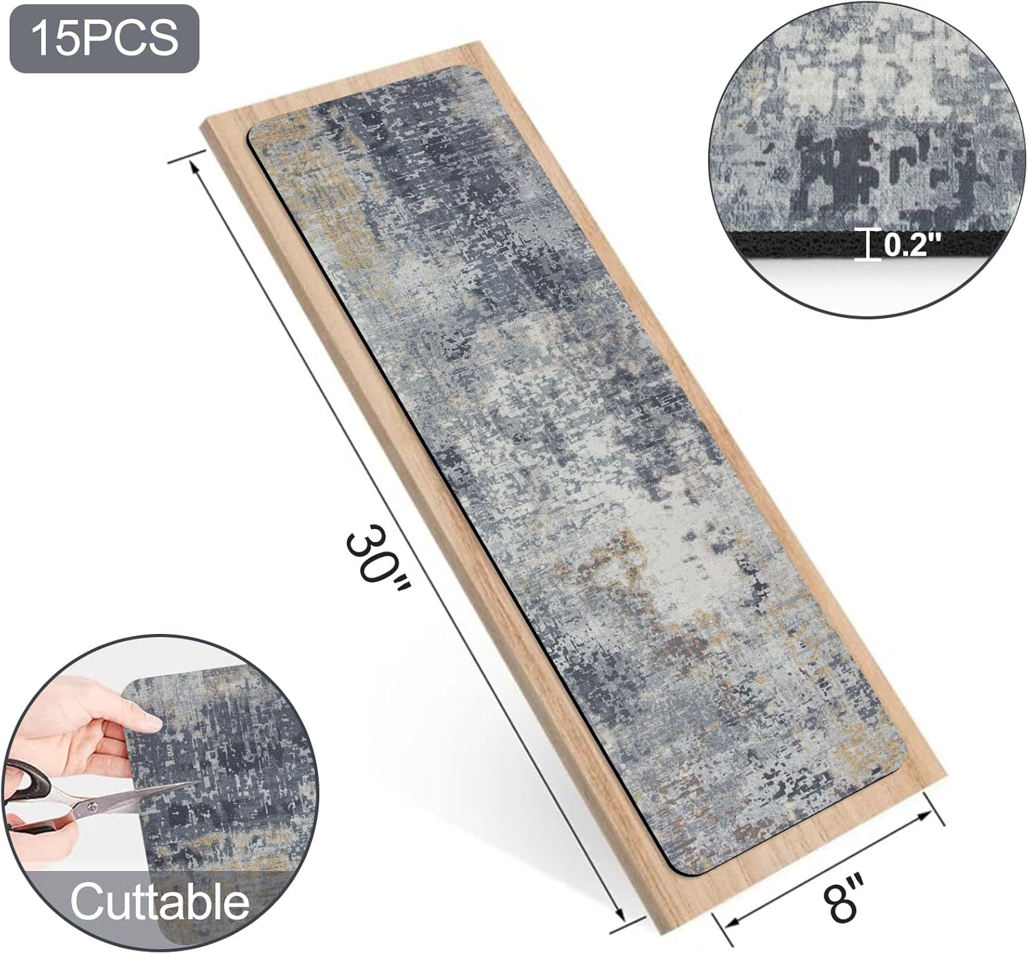 Stair Treads Non Slip for Wooden Steps, 15PCS 8"x30" Grey Rubber Backing Stair Runner Mats, Washable Reusable Carpet for Stairs Rugs Indoor Safety Staircase Step Treads for Kids Elders Dogs