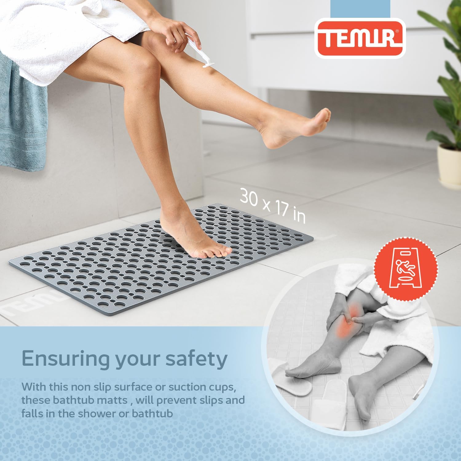 Non Slip Bathtub Mat for Shower — Anti Skid Safety Mat with Strong Suction Cups, Quick Drain Holes, Machine Washable, Soft Bathroom Mat for Elderly & Kids, 30x17 in (75x43 cm) Gray
