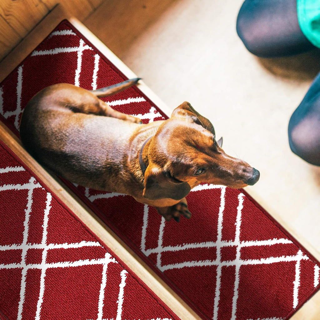 Carpet Stair Treads for Wooden Steps - Indoor Staircase Step Treads with Thick Carpet & Pattern Design - Self Adhesive Safety Treads to Prevent Slipping - Pet & Kid-Friendly - 10-Pack