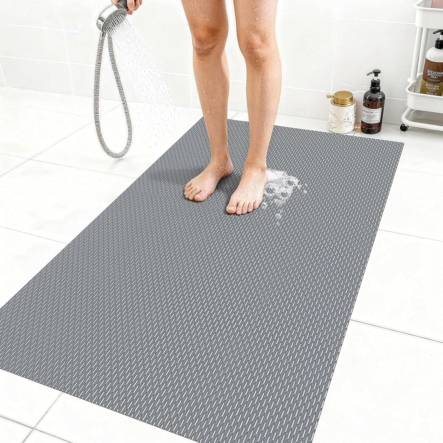 Extra Large Non-Slip Shower Mat, Fast-Dry PVC Bath Stall & Tub Mat, Drain-Hole Design,for Shower Stall Tub for Elderly/Kids，Non Slip Bathroom Safety Accessory，Gray 32"x58"