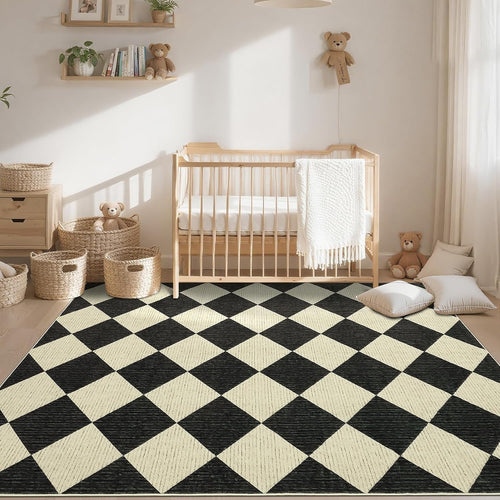 6x9 Modern Checkered Area Rug, Geometric Farmhouse Washable Rugs for Living Room Bedroom, Soft Low Pile Non Slip Diamond Floor Mat Plaid Print Throw Rug Indoor Carpet Kids Room Classroom