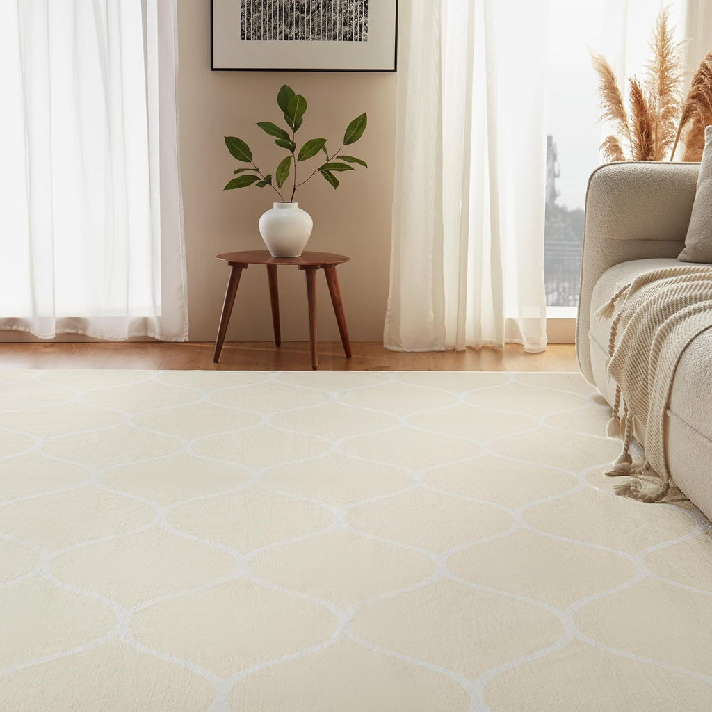 Thin Indoor Area Rug, Geometric Printed Washable Home Decor Carpet for Living Room Bedroom, 6' W × 9' L, Beige Geometric