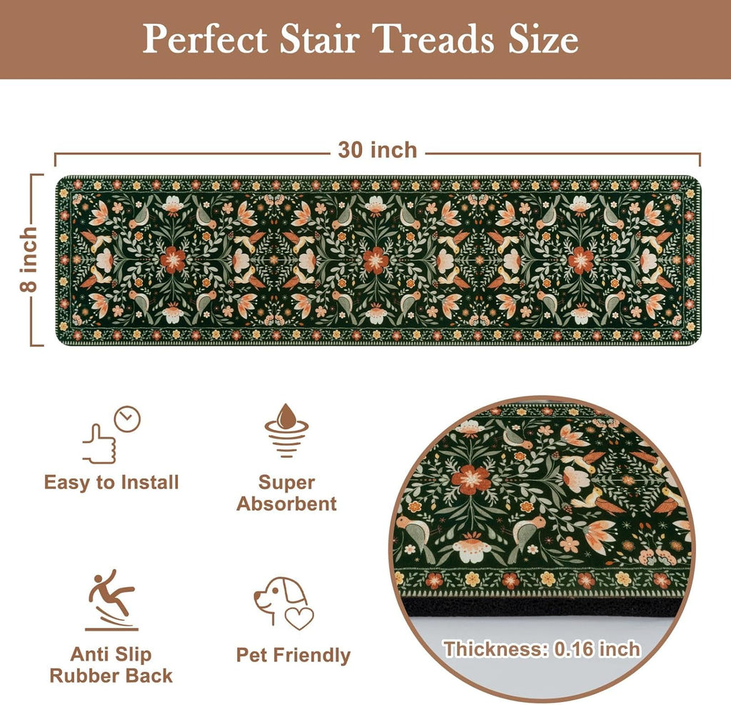 Floral Stair Treads Non-Slip Stair Runner for Wooden Steps Indoor 15PCS 30"x8" Carpet Stair Treads Stair Mats Staircase Step Treads for Kids, Elders and Dogs, Stair Covers, Black