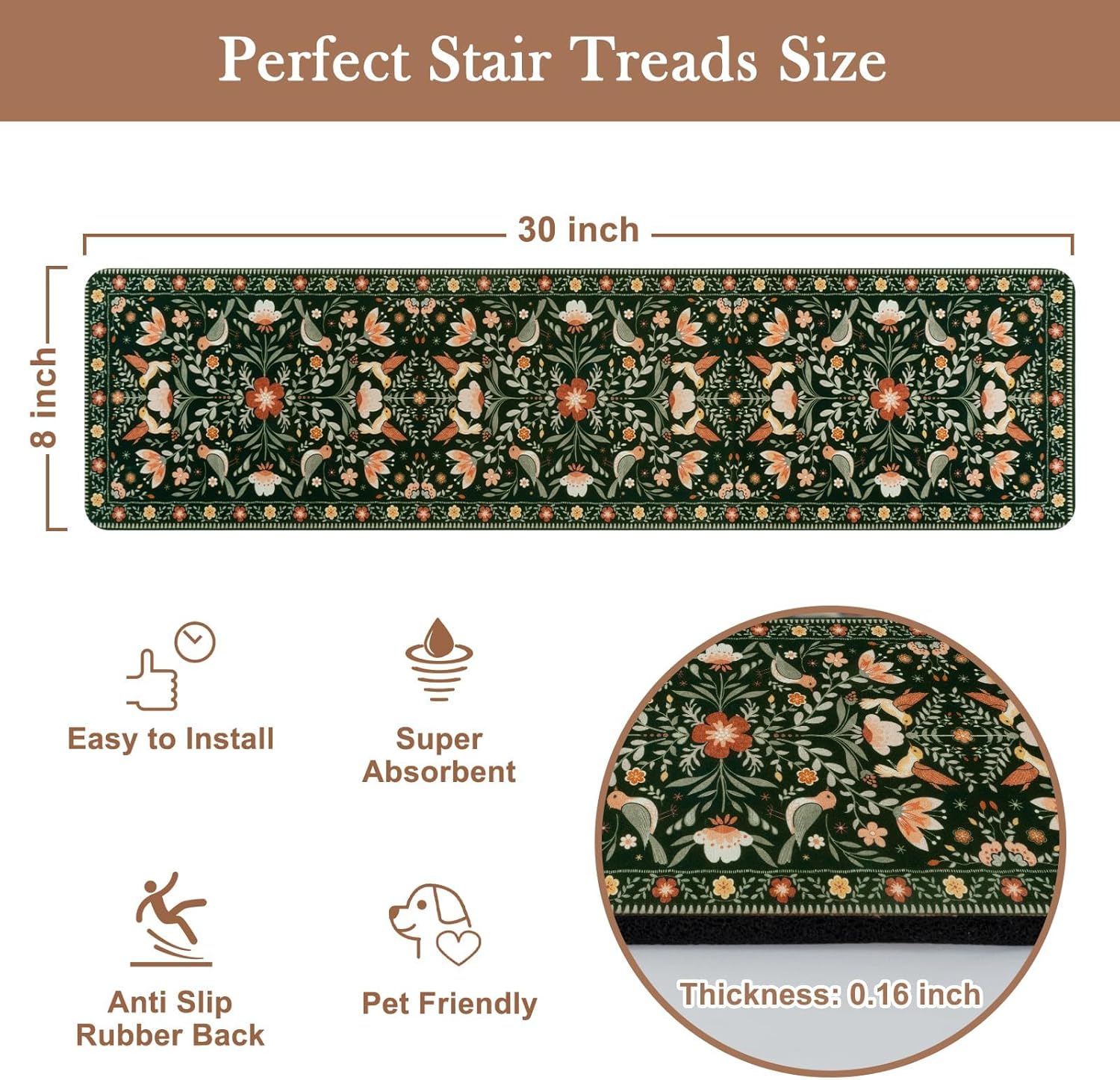 Floral Stair Treads Non-Slip Stair Runner for Wooden Steps Indoor 15PCS 30"x8" Carpet Stair Treads Stair Mats Staircase Step Treads for Kids, Elders and Dogs, Stair Covers, Black