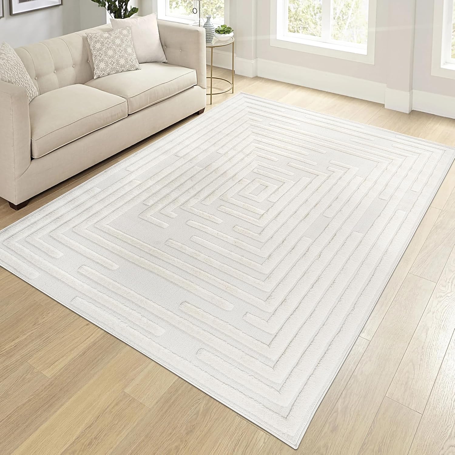 Collection High-Low Striped Cream Indoor Area Rug, 9'x12', Modern, Contemporary, Geometric, Bohemian, Bedroom, Kitchen, Living Room, Non Shedding Carpet
