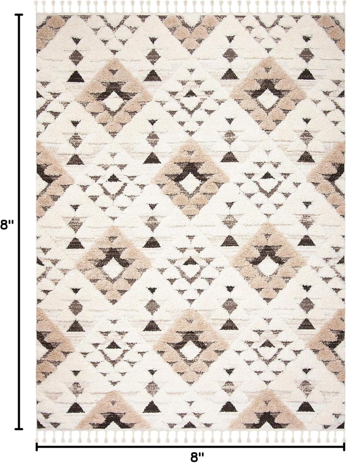 Tassel Shag Collection Area Rug - 8' Square, Ivory & Brown, Non-Shedding & Easy to Clean, Plush High-Low Texture, Ideal for Living Room, Bedroom, Dining Space (MTS688A)