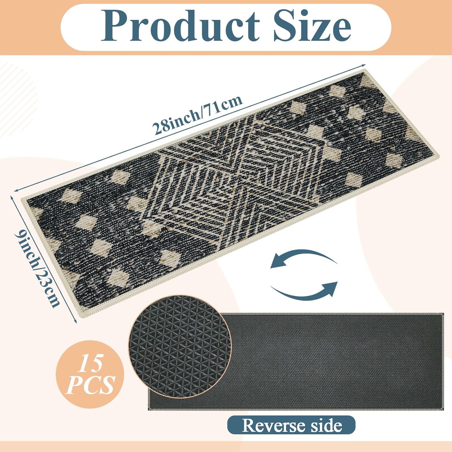 15 Pcs Non-Slip Stair Treads, for Wooden Steps - Safety Stair Mats with TPR Backing & Plush Surface, 28 x9 Indoor Outdoor Carpet Runners for Kids, Elders, Pets (Boho Style)