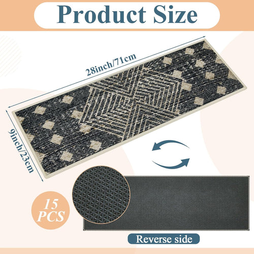 15 Pcs Non-Slip Stair Treads, for Wooden Steps - Safety Stair Mats with TPR Backing & Plush Surface, 28 x9 Indoor Outdoor Carpet Runners for Kids, Elders, Pets (Boho Style)