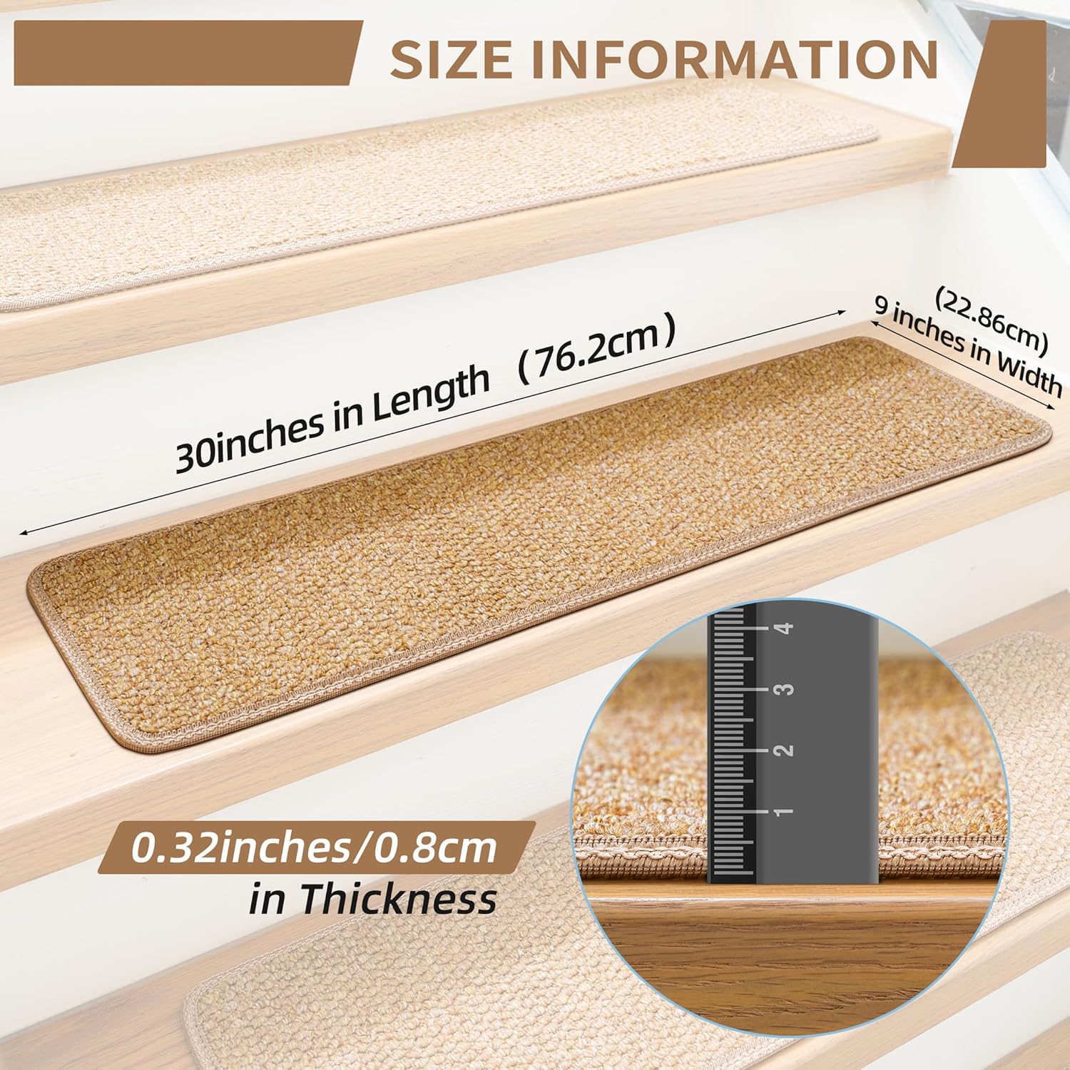 Stair Treads for Wooden Steps Indoor 9x30 Inch, 15 Pcs Non Slip Peel and Stick Carpet Stair Treads Self Adhesive, Washable & Reusable Stair Runner Rugs for Kids Elders and Pets - Beige